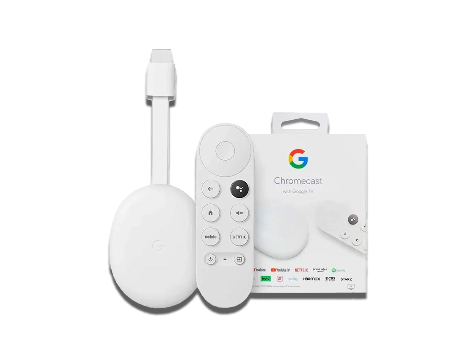 Image Showing Chromecast, Remote Control And Box on The White Background