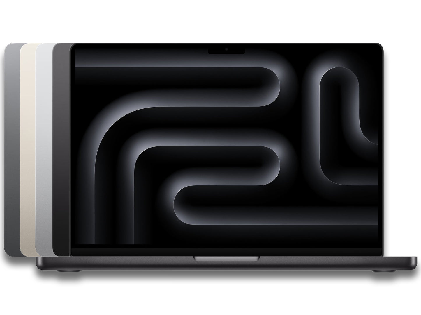 Front and back view of an opened MacBook Pro M3 in different color variants