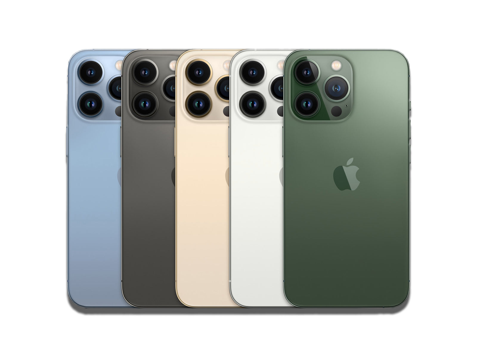 Image showing 5 different colour variants for Apple iPhone Pro 2021 on the white background]