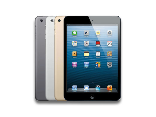 Front and back view of an iPad mini in 3 different colours