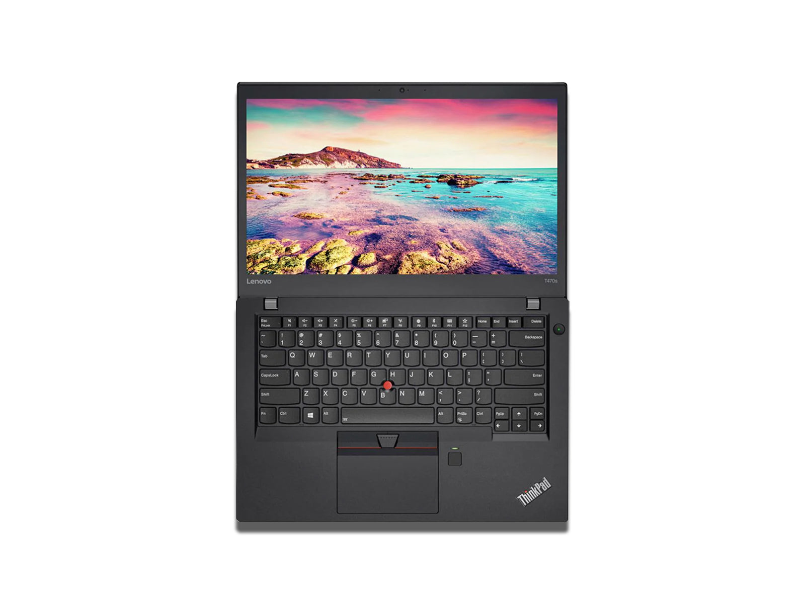 Image view of The Fully Open Lenovo T470s Laptop on The White Background