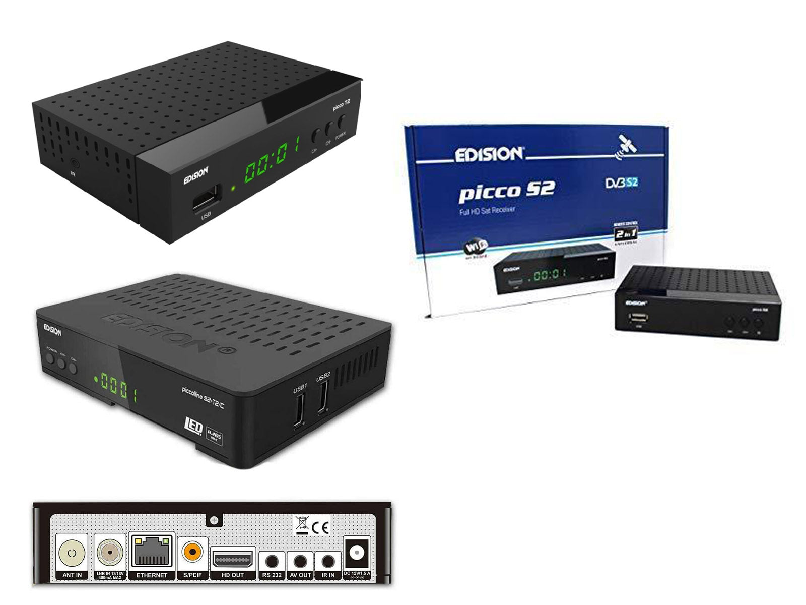 Edision Picco T2 DVB-T2 Receiver, Picco S2 Full HD Free To Air Satellite Receiver, Piccolliono Combo S2+T2C Full HD