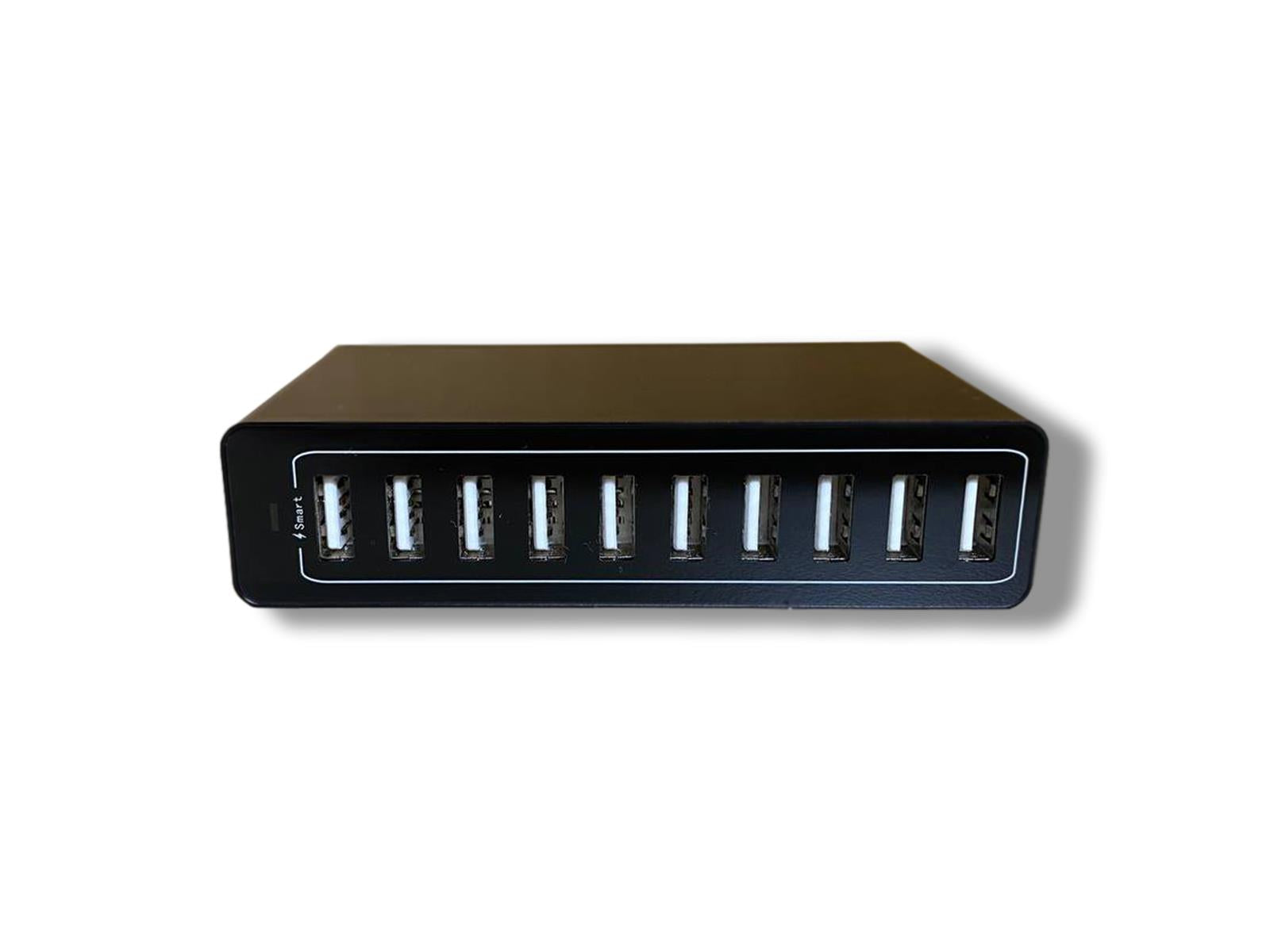Image shows the Tekeir 10 Port USB Charging Hub on its side