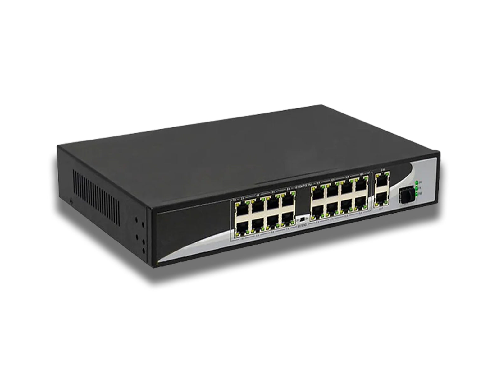 Image shows an angled veiw of the 16 Port Network PoE Switch on a white backgroound