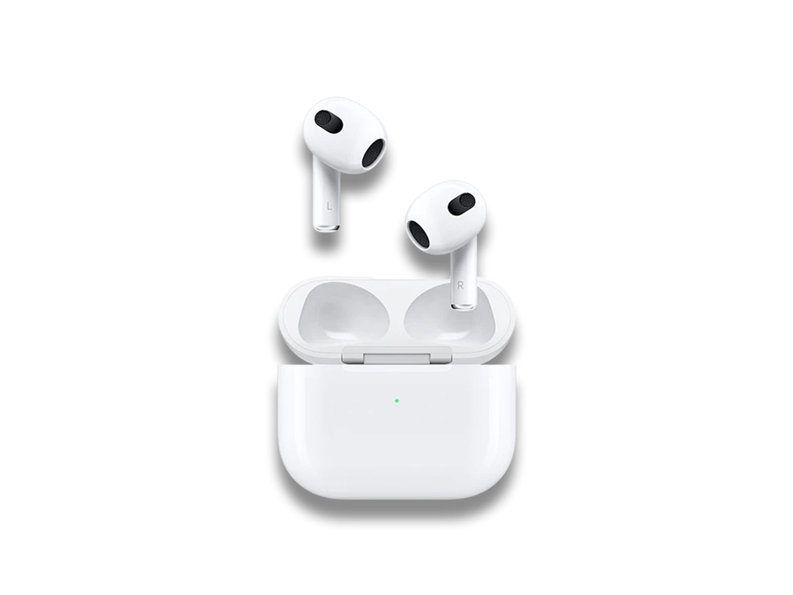 Image shows 3rd Gen AirPods with charging case on white background