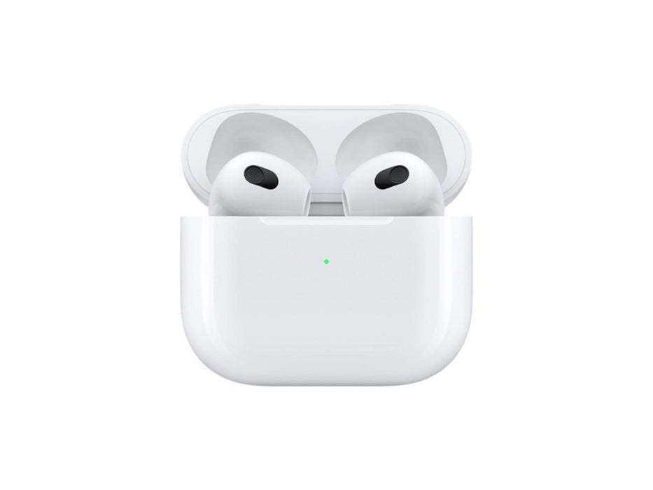 Front view of the 3rd gen airpods placed in the lightning charging case