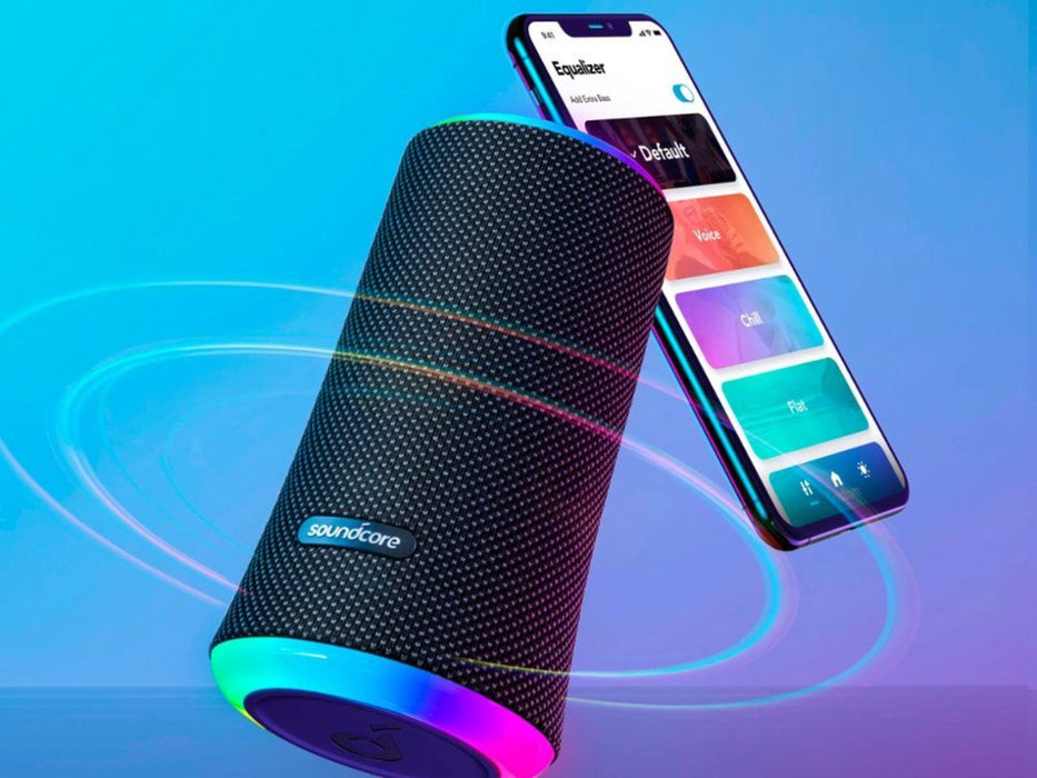 Image shows the Soundcore by Anker Flare 2 Bluetooth Speaker beside a phone