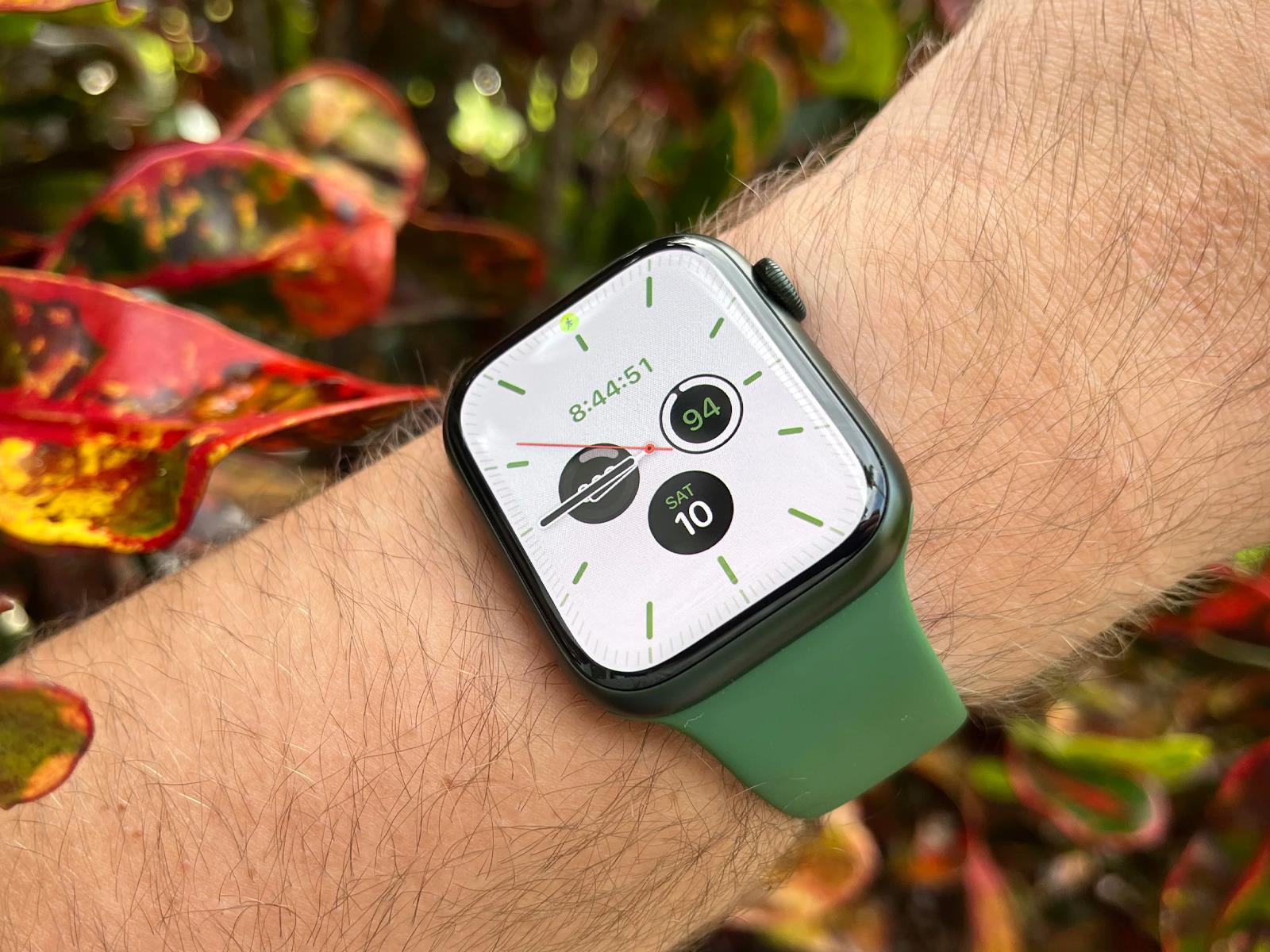 Image shows a close up view of the Apple Watch Series 7 on a wrist