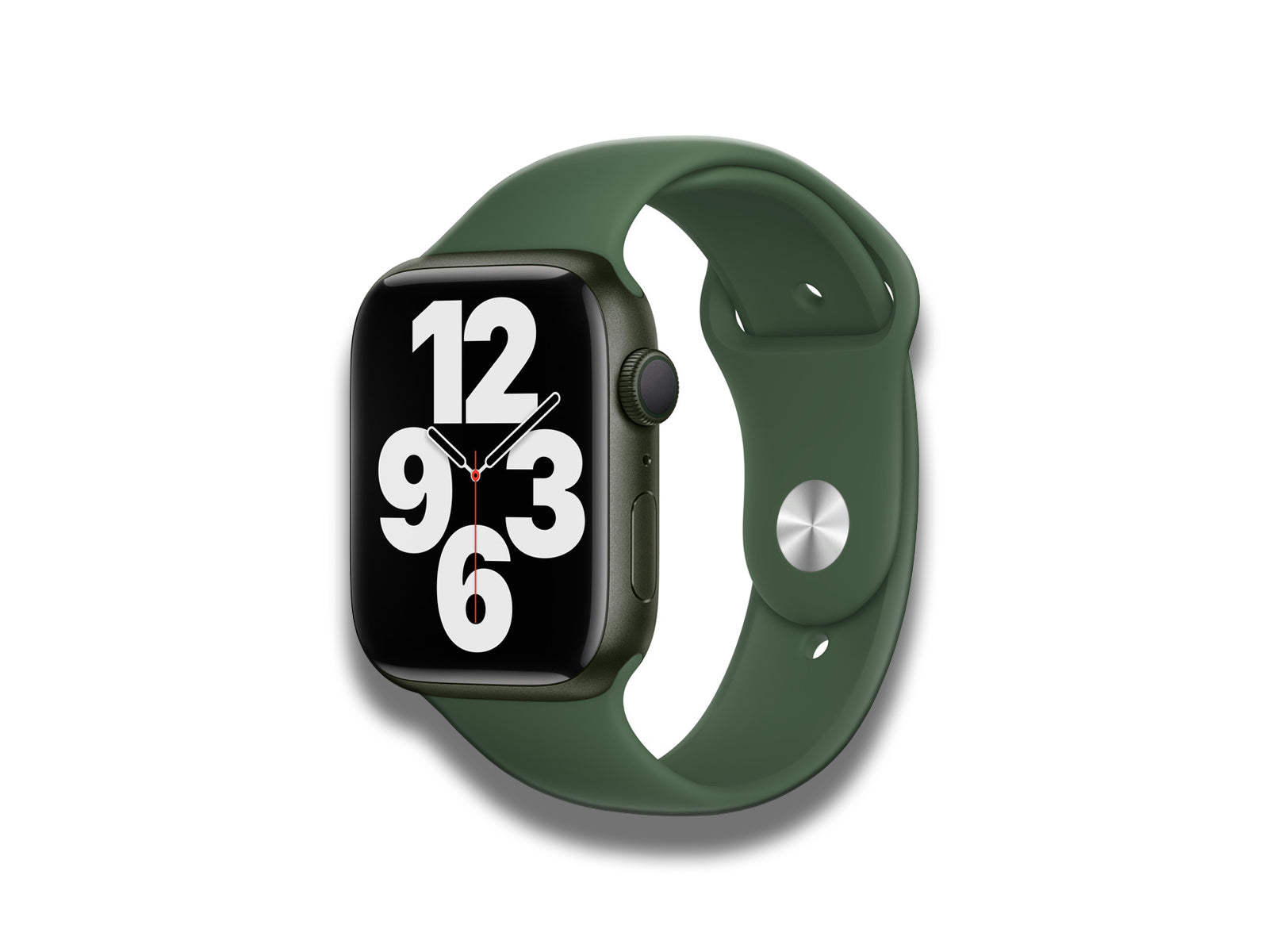 Image shows a dull front view of the Apple watch series 7 in clover with the band attatched