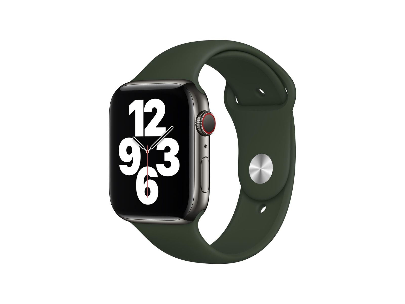 Image shows an angled view of the green Apple Watch Strap on a watch