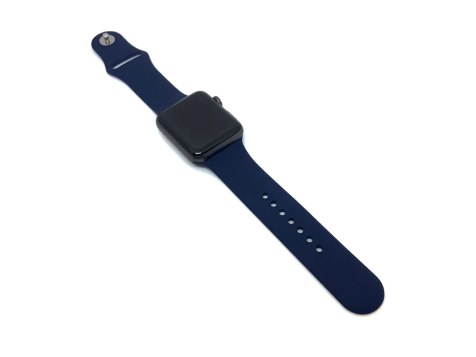 Image shows an overhead view of the navy Apple Watch Strap on an apple watch