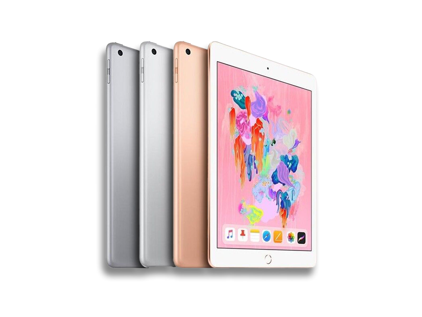 iPad 6th In Silver, Space Grey And Gold Front And Back View