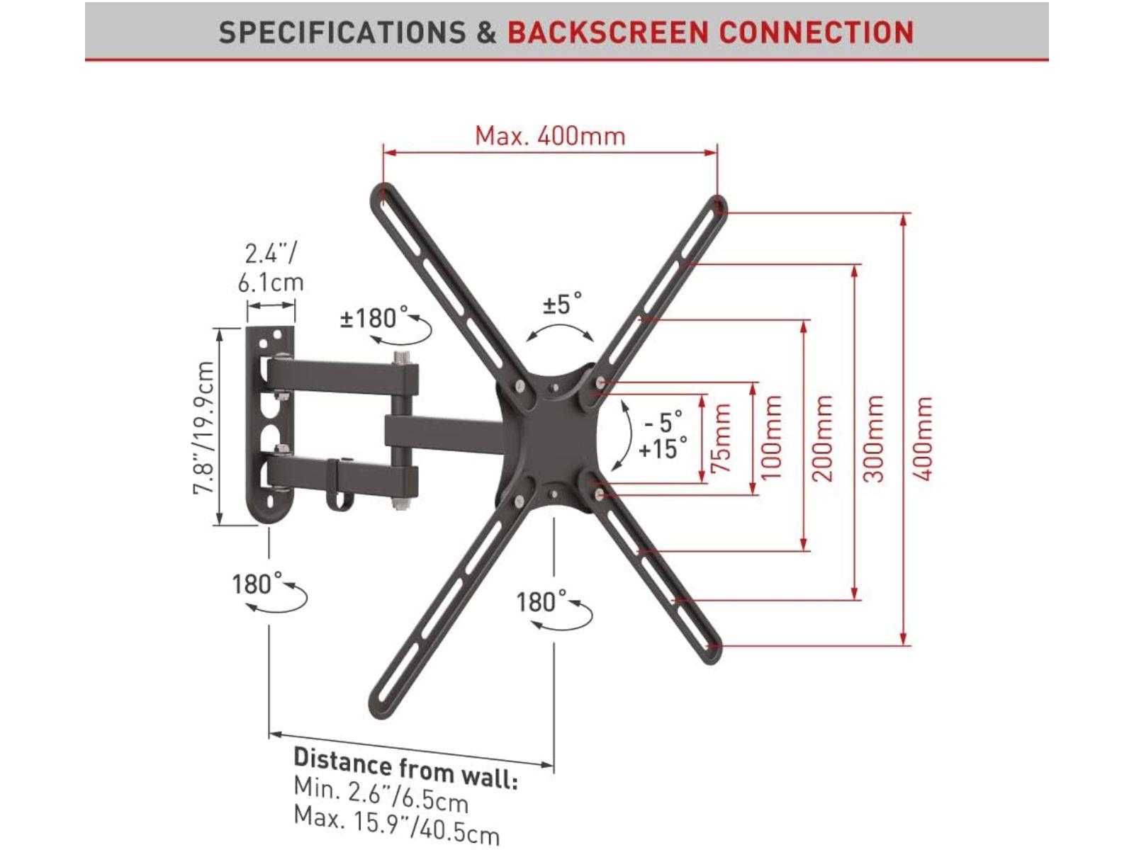 Measurement specifications for using the Dual Arm TV Wall Bracket (13-65" TVs)