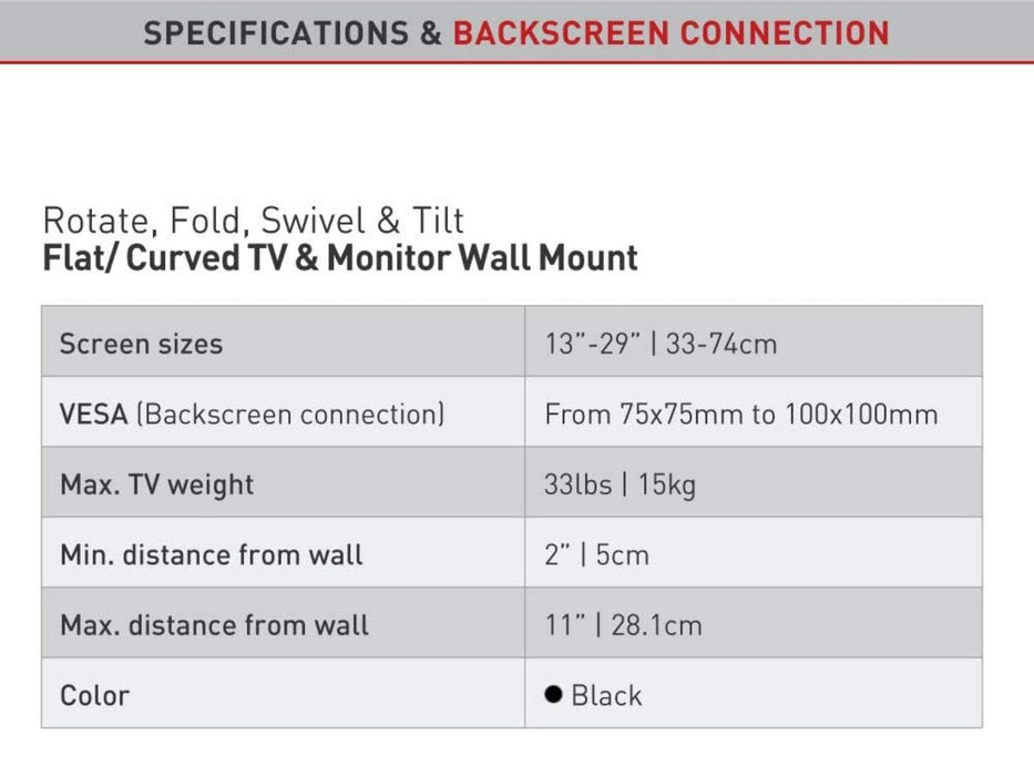 Specs and backscreen connection information for the barkan Dual Arm TV Mounting Bracket for 15-29" TVs