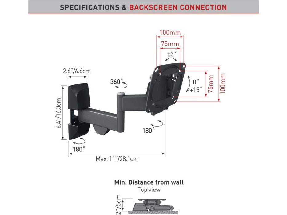 Dual Arm TV Mounting Bracket for 15-29" TVs specs and backscreen connection info