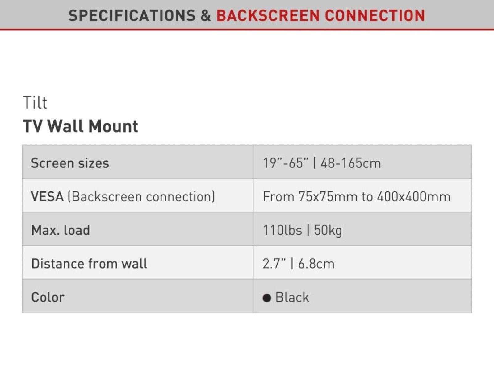 Specs for the TV Tilt Mounting Bracket For 19-65" Flat-Screen TV's