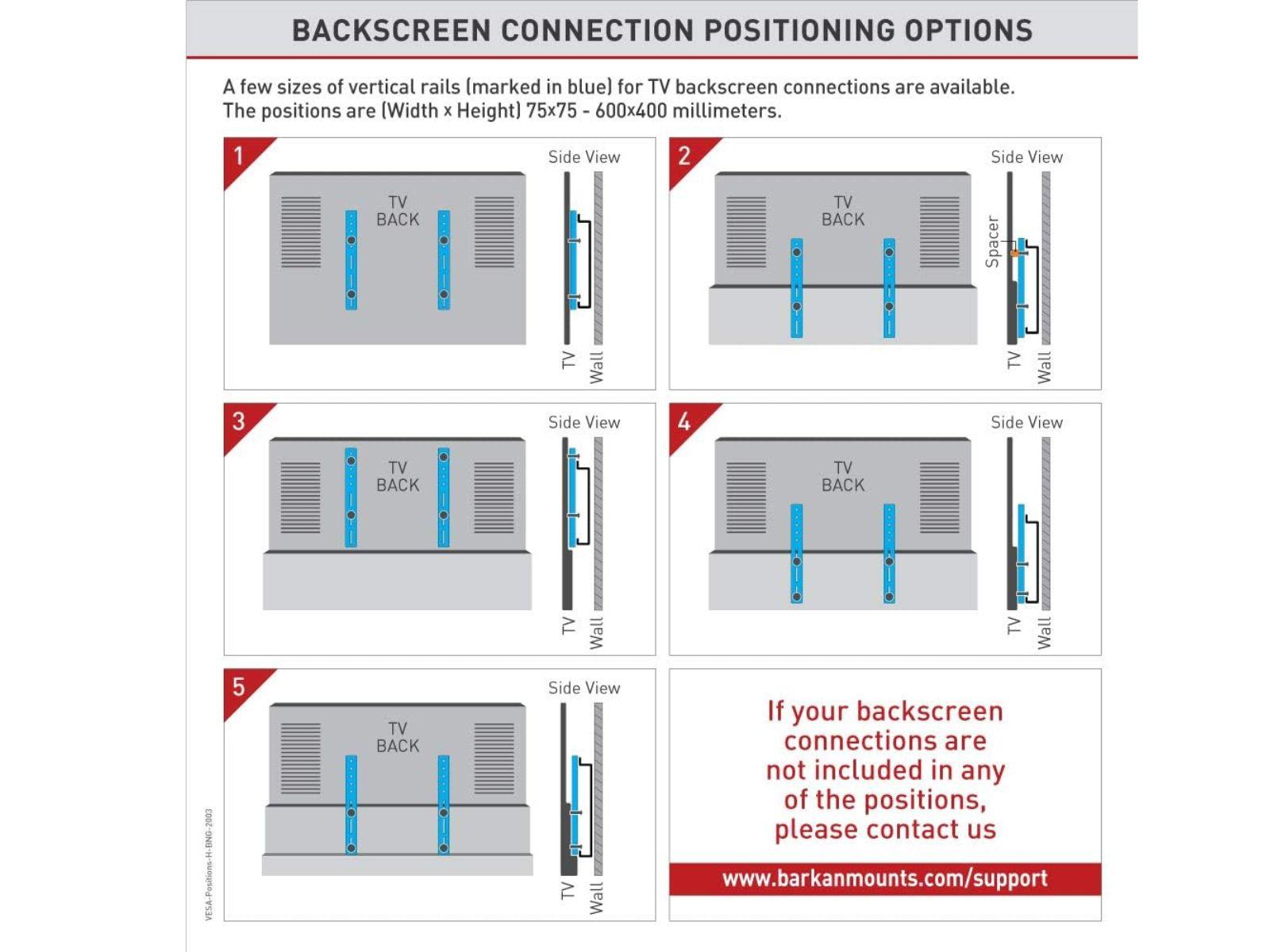 Backscreen connection positioning options for the TV Tilt Mounting Bracket For 19-65" Flat-Screen TV's