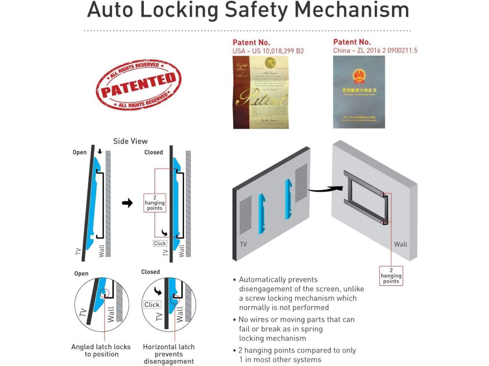 Auto Locking Safety Mechanism for the TV Tilt Mounting Bracket For 19-65" Flat-Screen TV's