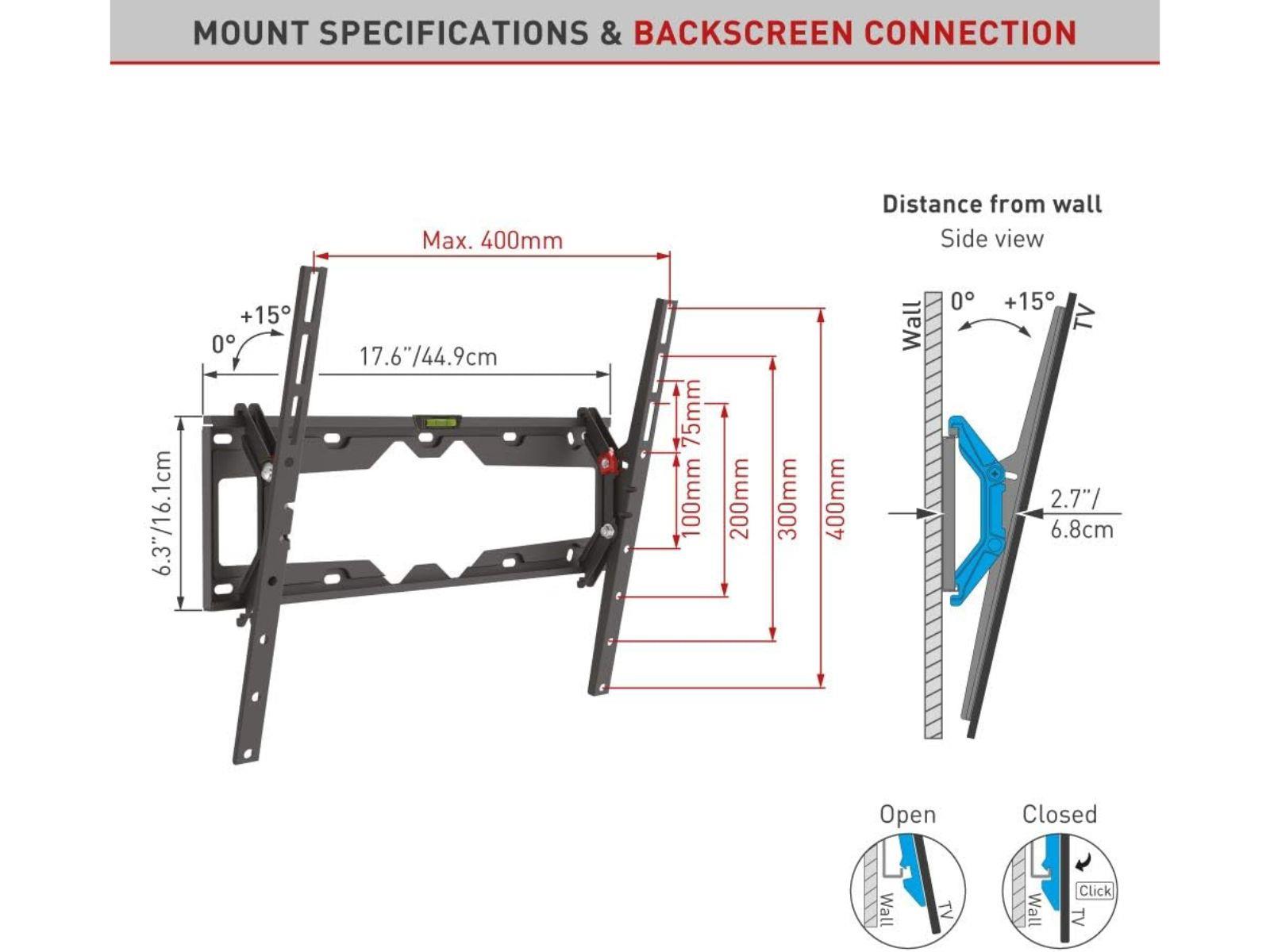 Mount Specifications and backscreen connection information for the TV Tilt Mounting Bracket For 19-65" Flat-Screen TV's