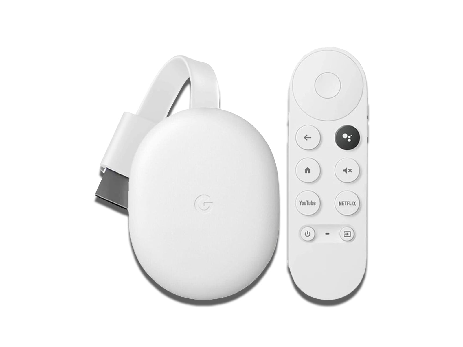 Close up image of the chrome cast and remote control on the white background