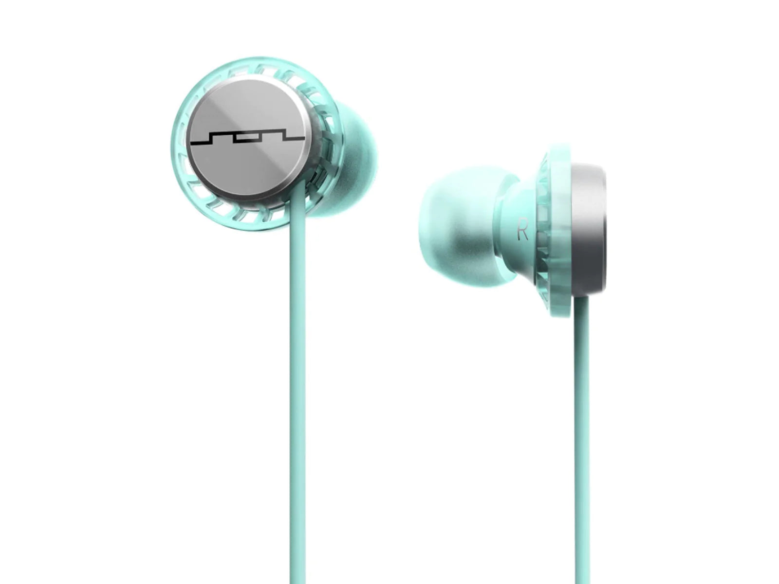 Turquoise SOL Republic Relays Sport Wireless In-Ear Noise Isolating Headphones Close Up