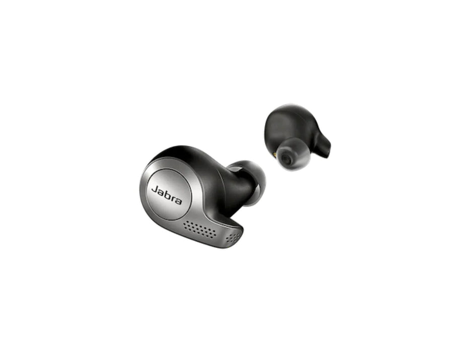Close up picture of the Titanium Black Jabra Elite 65T In Ear Bluetooth Headphones