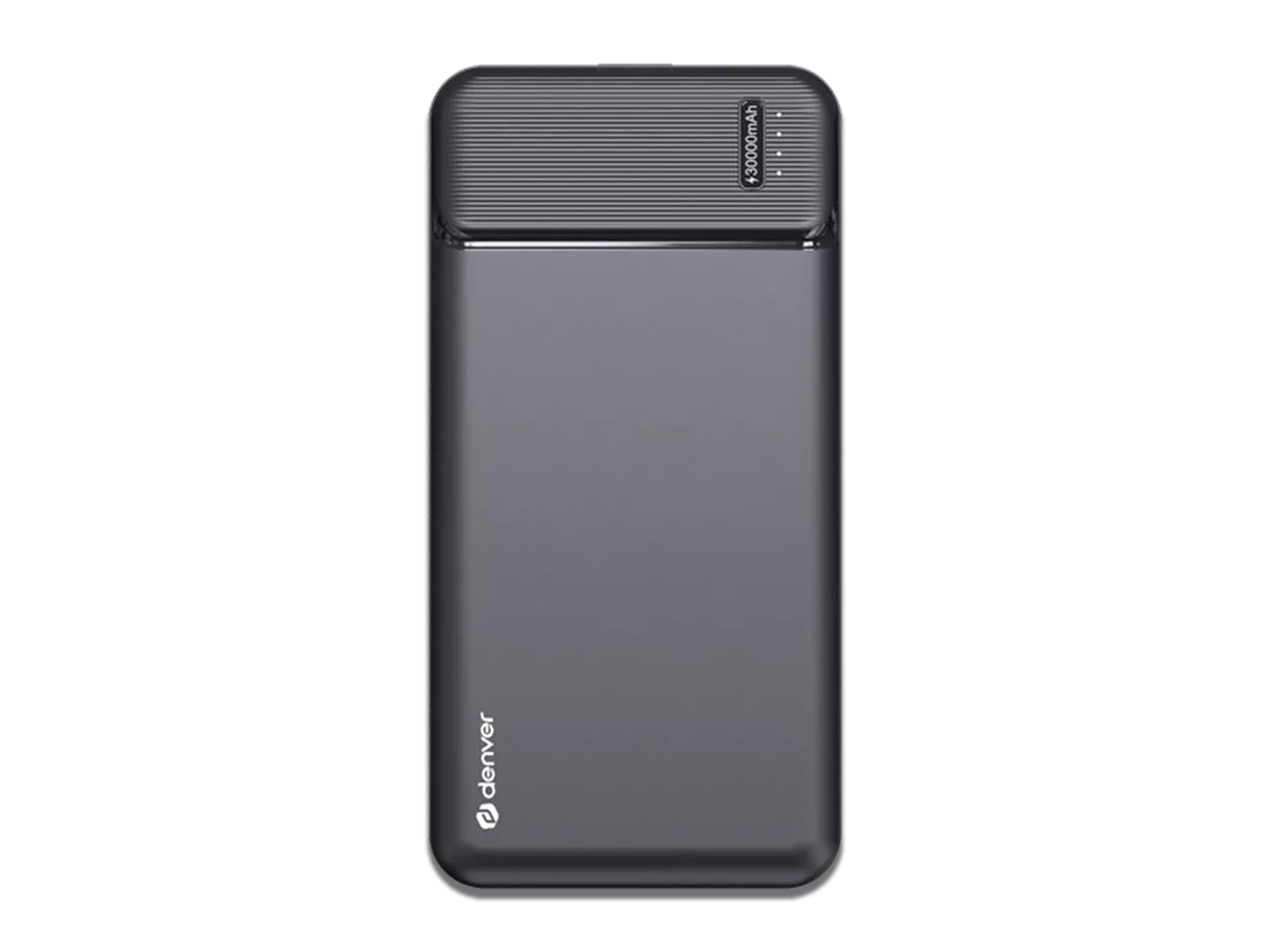 Image shows an overhead view of the 30,000mAh Denver High Capacity Portable Charger
