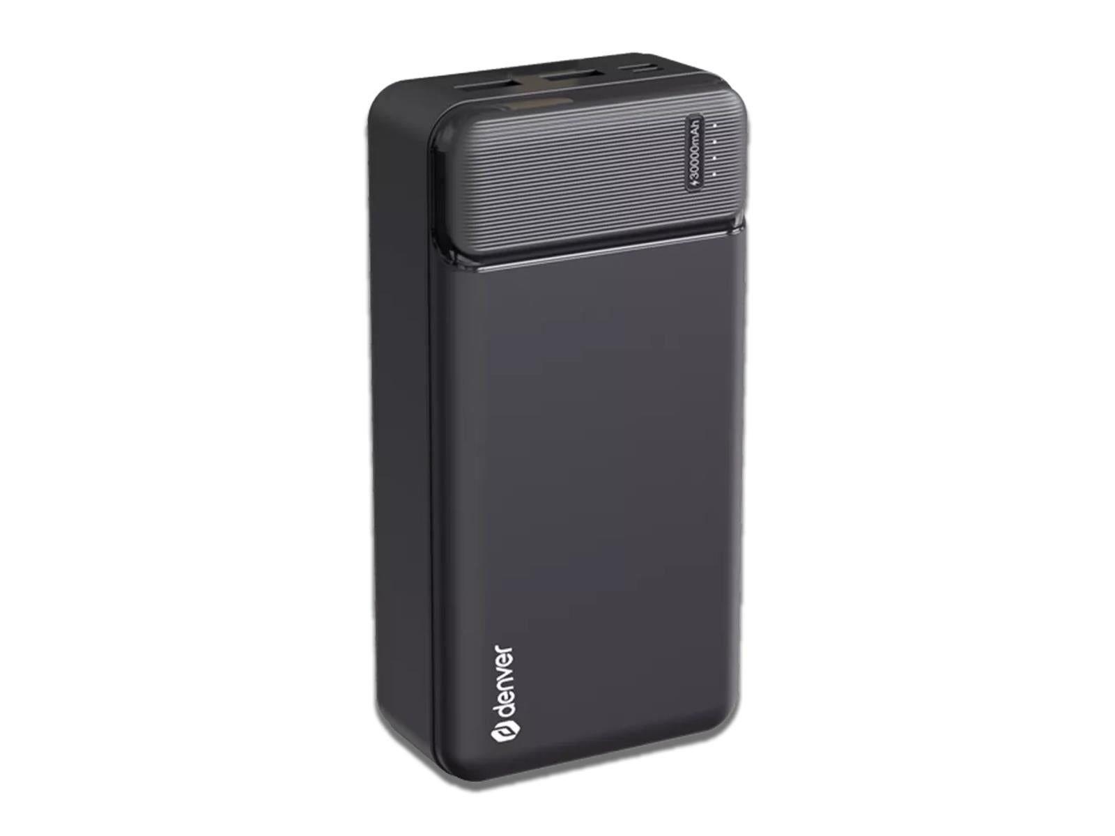 Image shows an angled view of the 30,000mAh Denver High Capacity Portable Charger