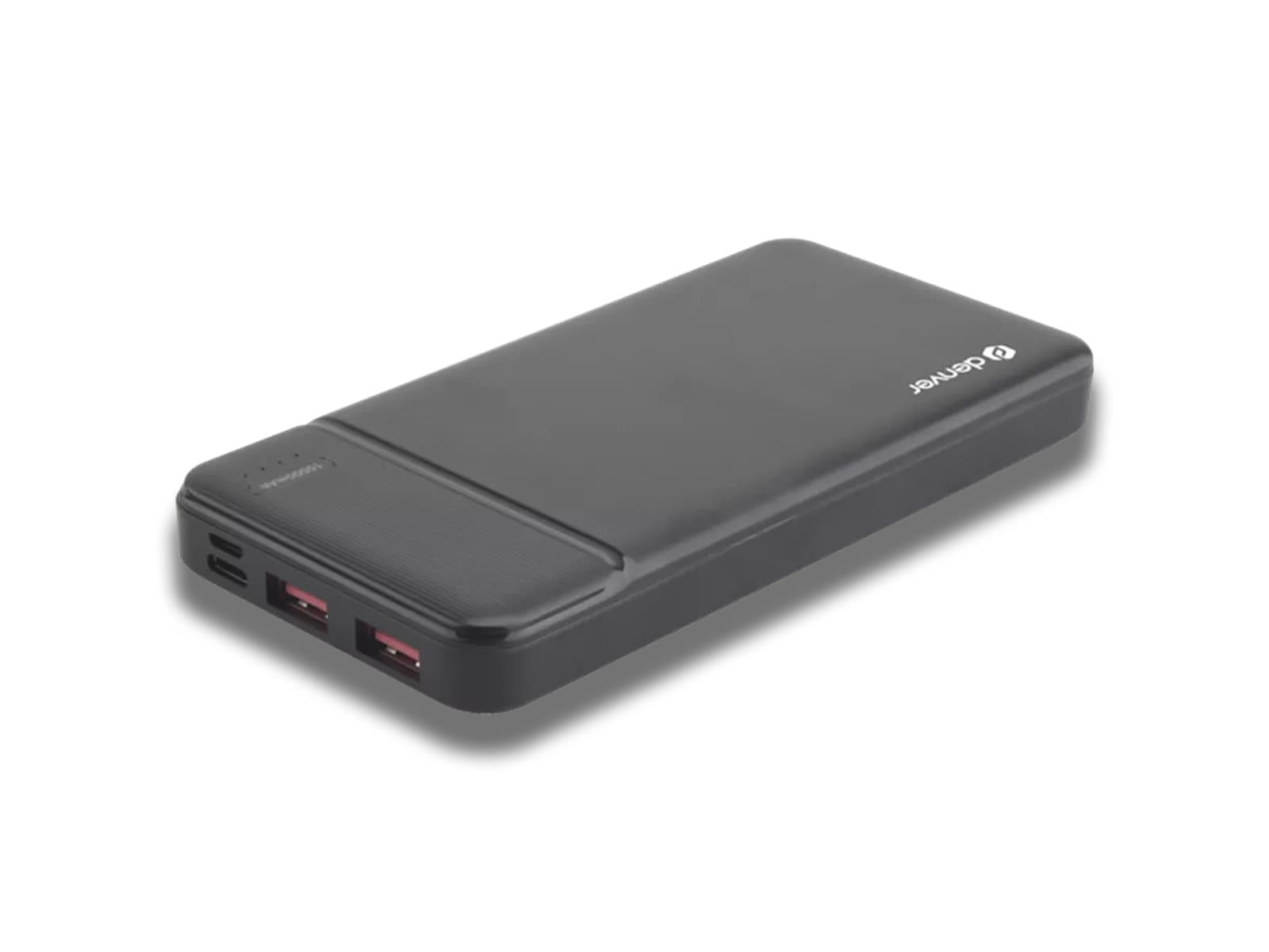 Image shows an angled view of the 10,000mAh Denver High Capacity Portable Charger
