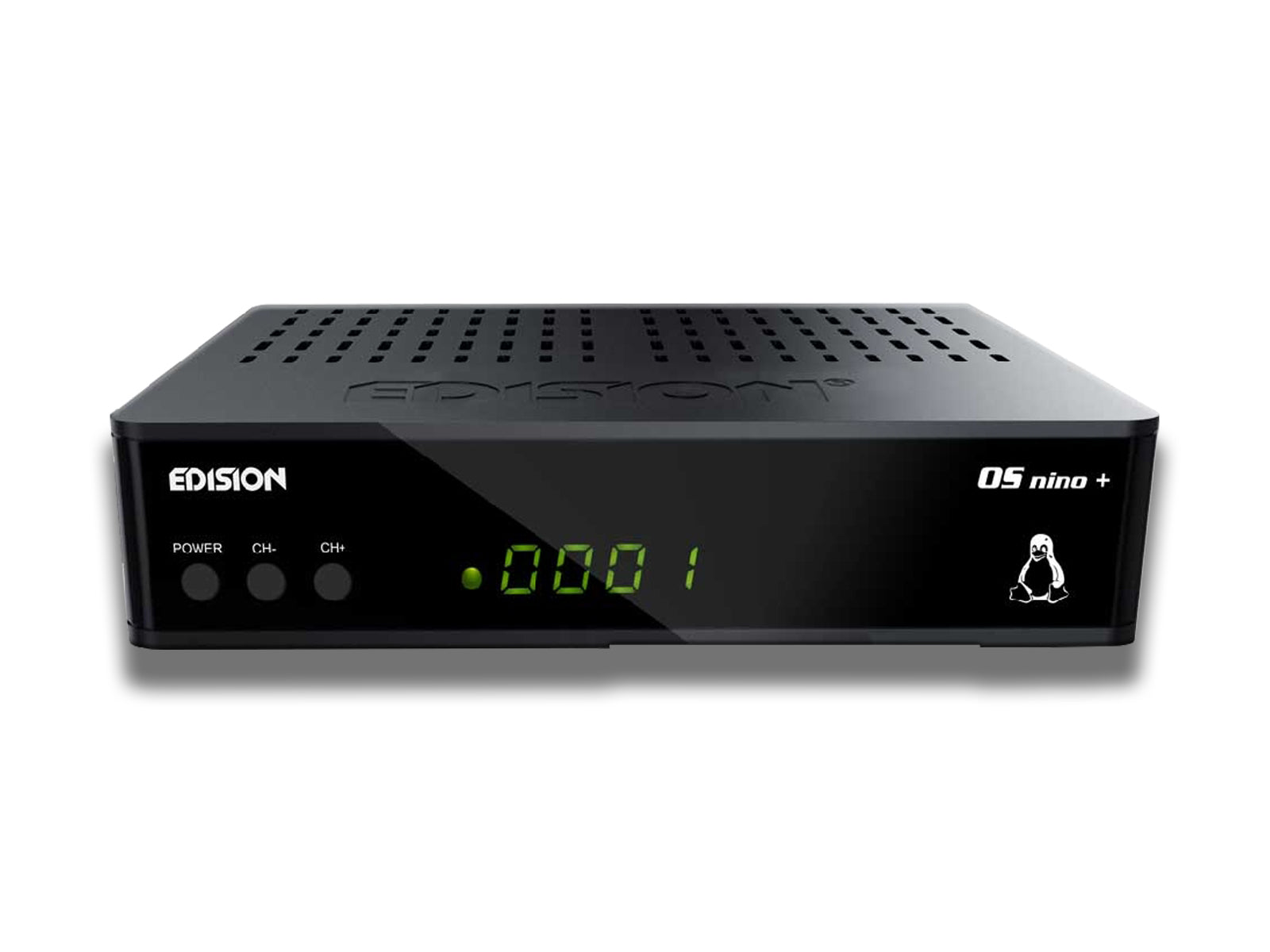 Image shows a front view of the Edision OS NINO+ DVB-S2 Linux Receiver