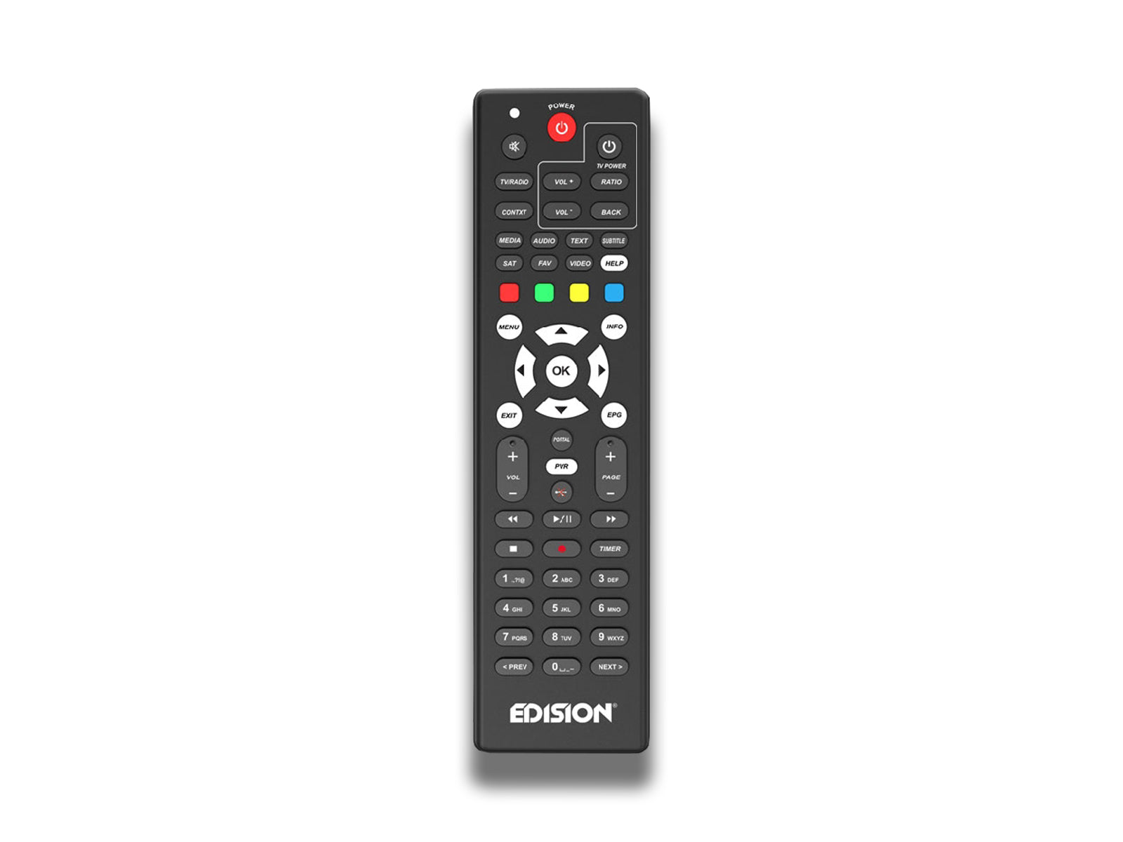 Image shows the remote control of the Edision OS NINO+ DVB-S2 Linux Receiver