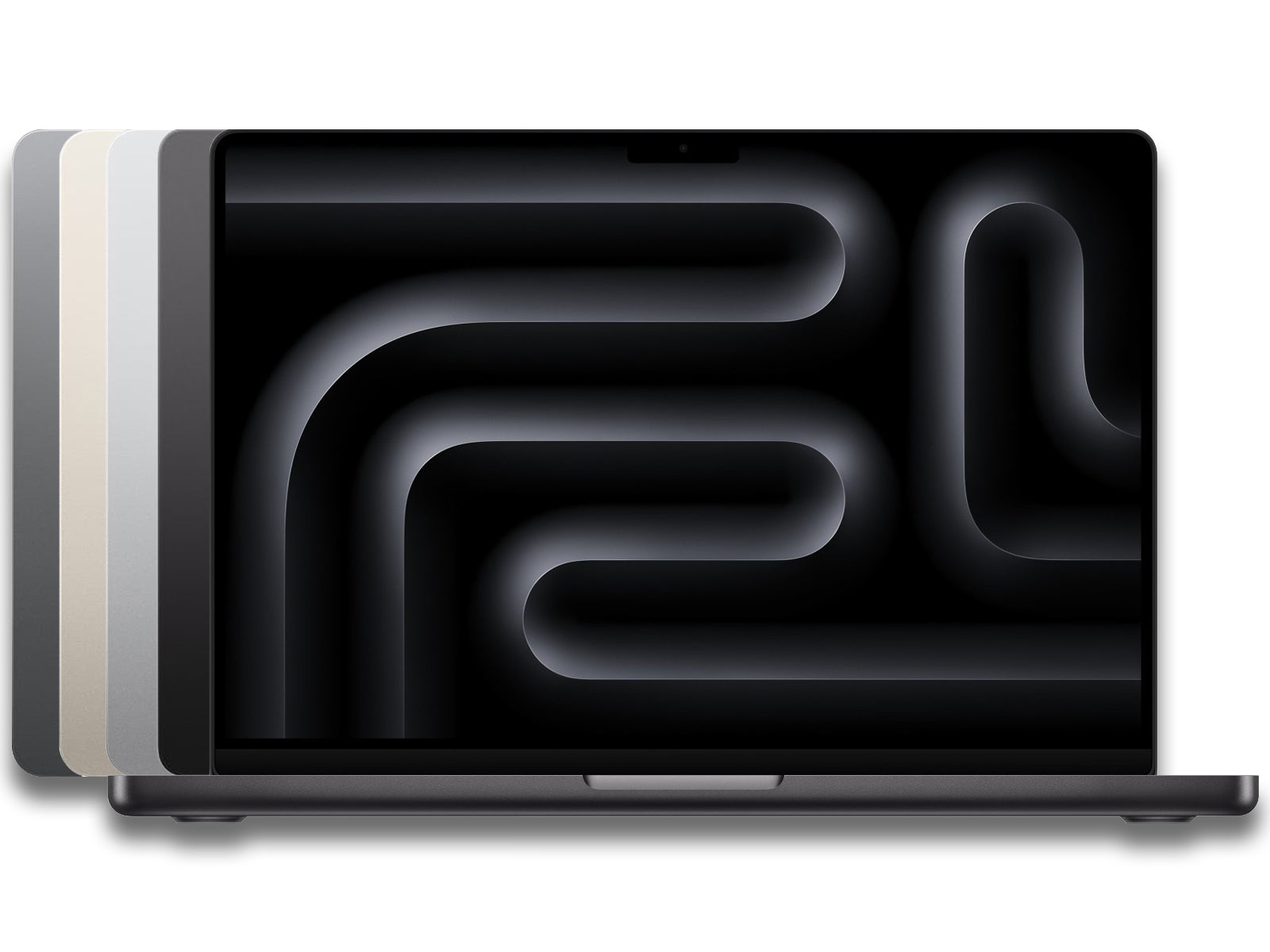 Front and back view of an opened MacBook Pro M3 in different color variants