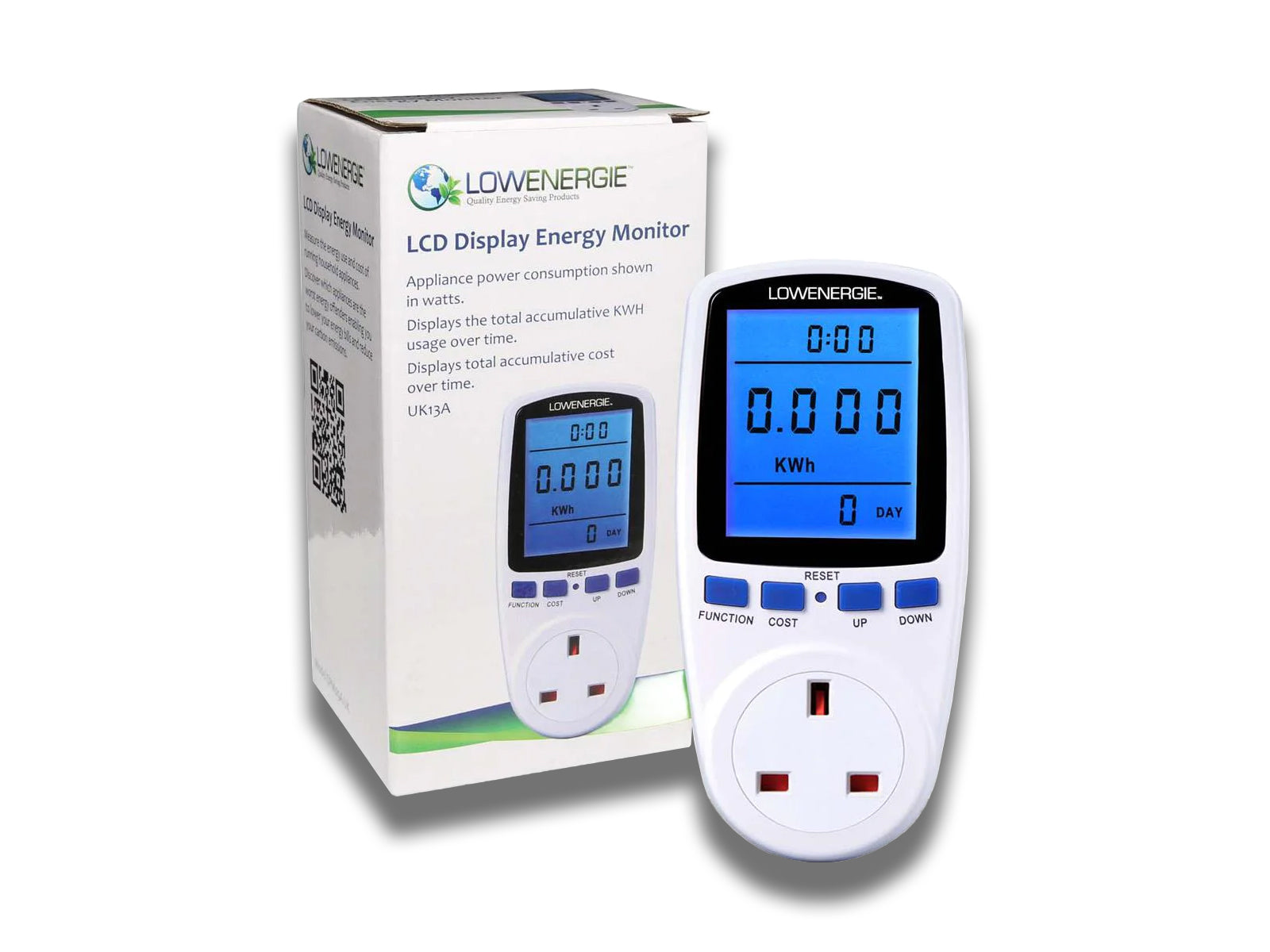 Image shows front view of energy monitor along with packaging on white background