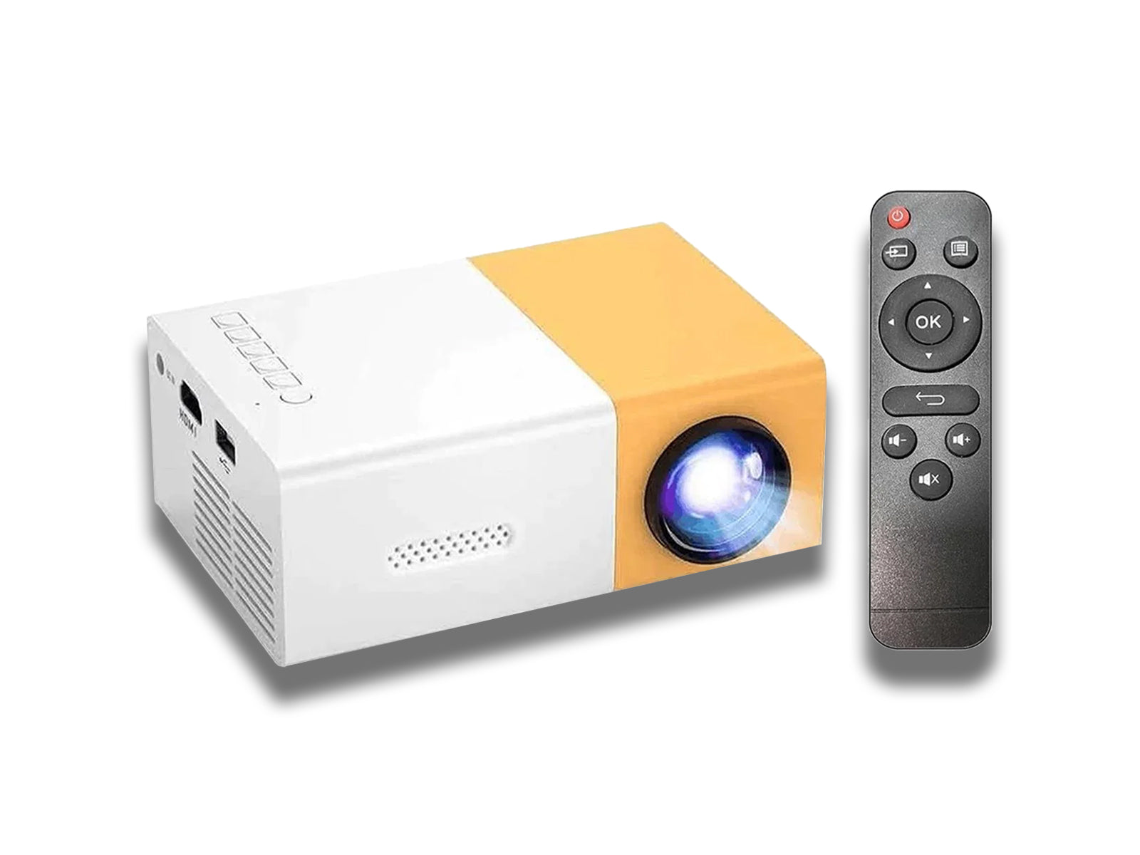 Front-view-on-the-Yellow-portable-projector-with-remote-control-on-the-white-background