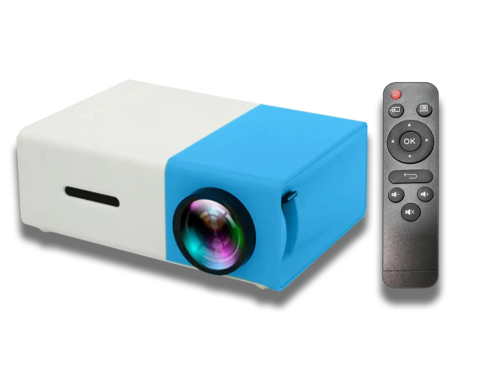 Front-view-on-the-blue-portable-projector-with-remote-control-on-the-white-background