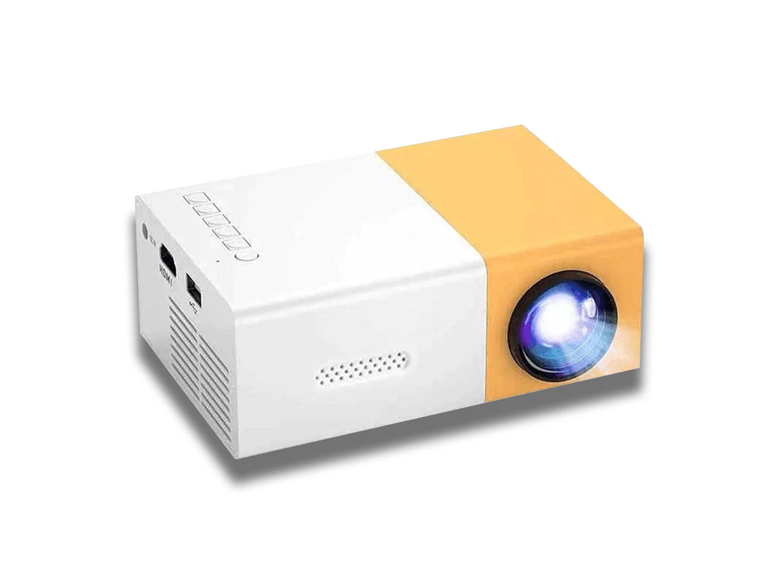 Front-view-on-the-yellow-portable-projector-on-the-white-background