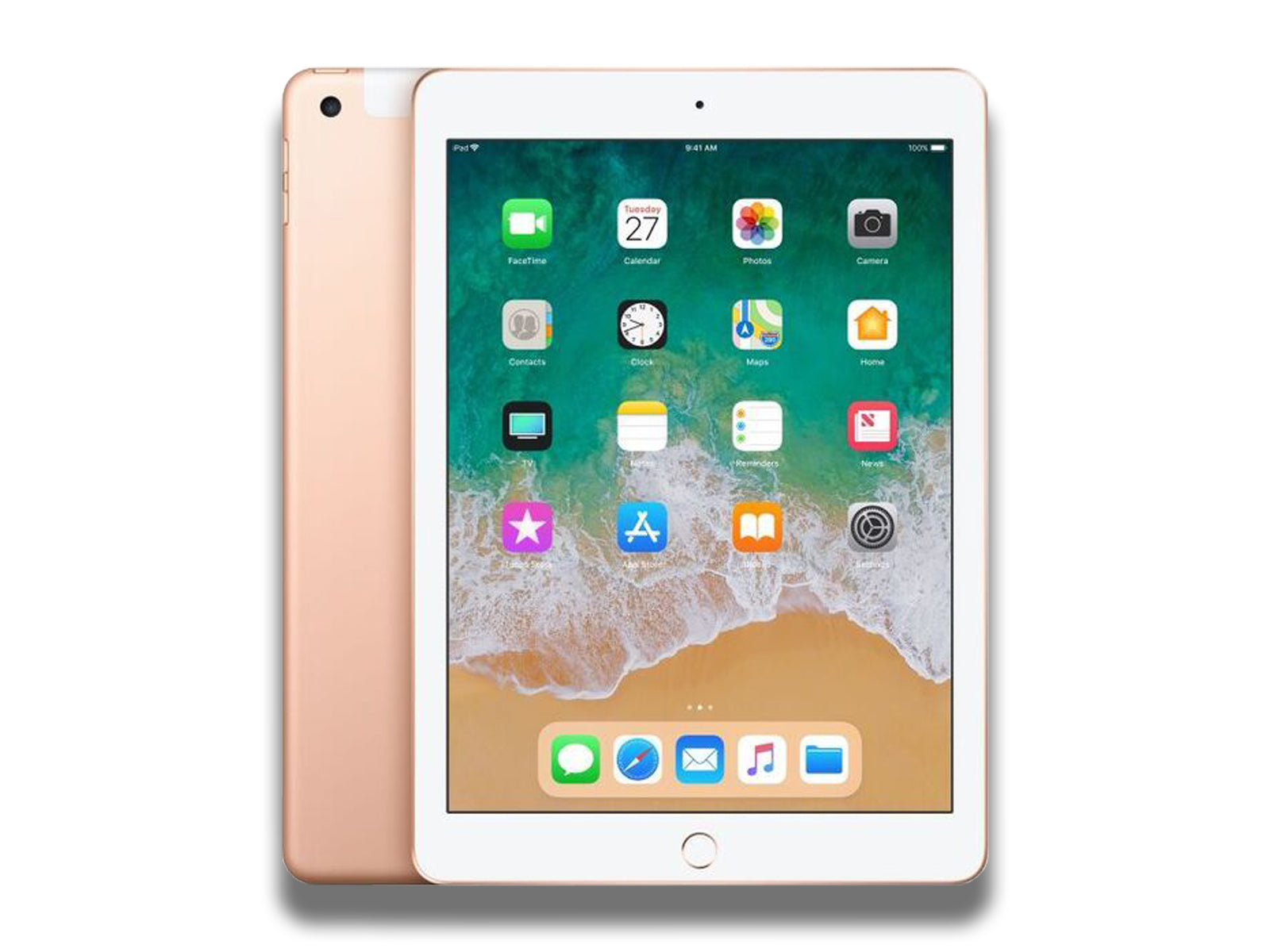 Image shows a front and back view of the gold Apple iPad 6th Generation