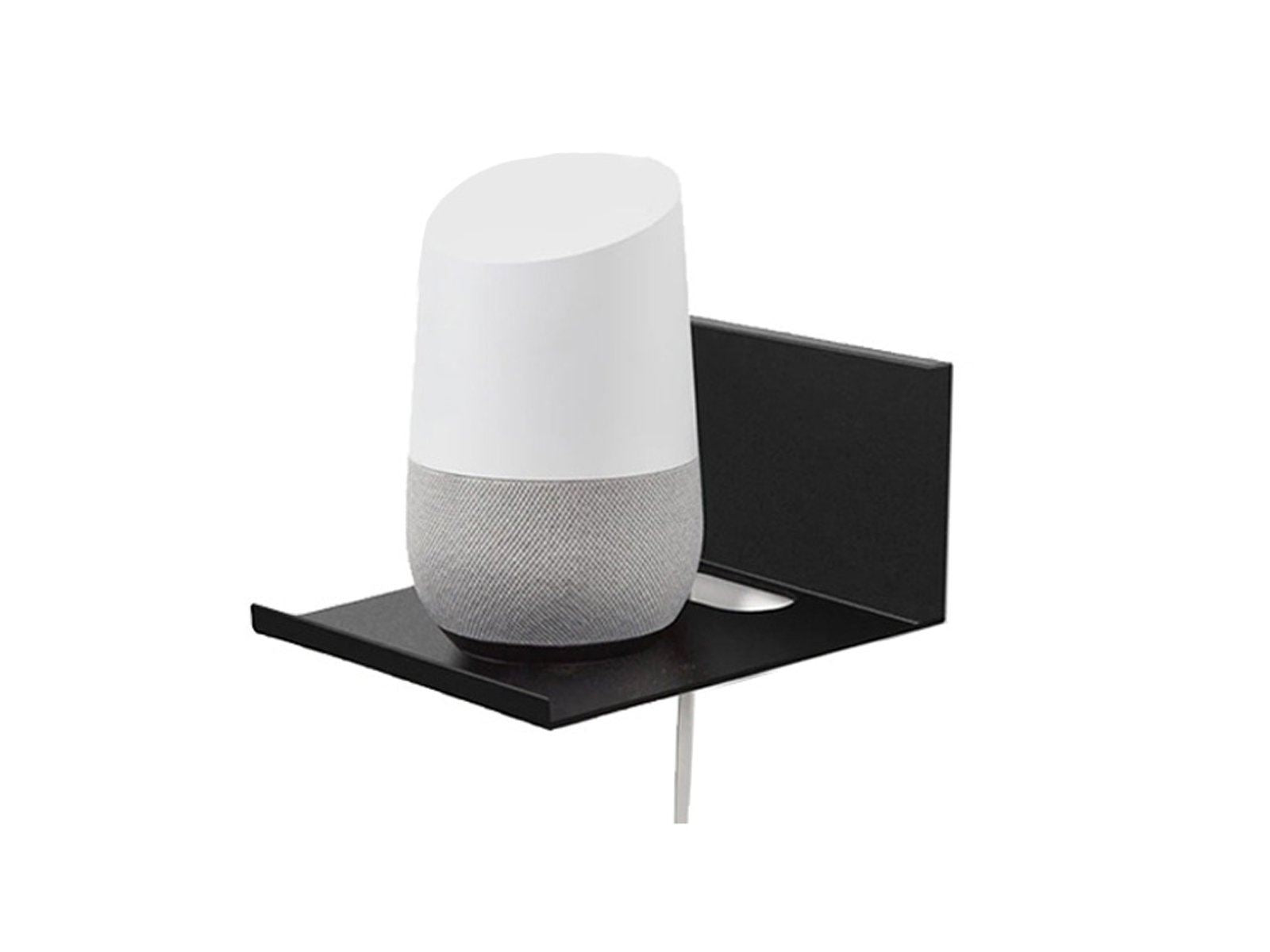 Google home smart device placed on the black Overhead view of the White Hangman No Stud Smart Home Assistant Speaker Bracket with all included fixings