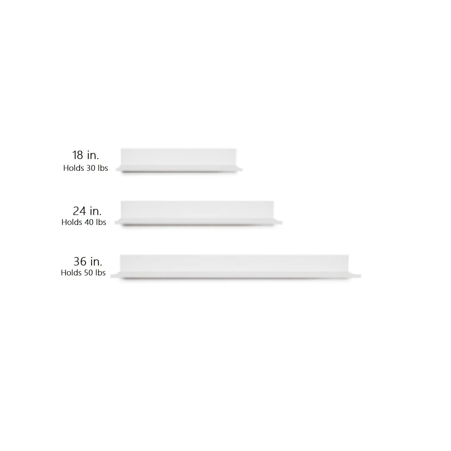 All three sizes of the white hangman floating shelf