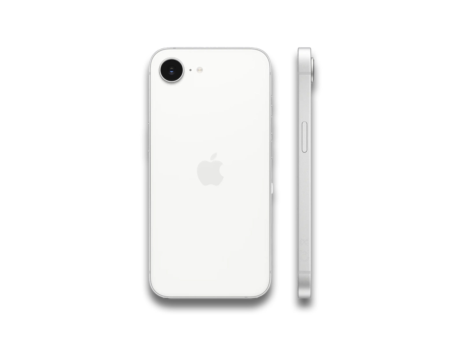 Image showing back and side view of the white iPhone 16e on the white background