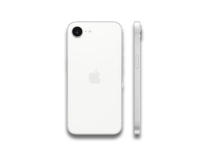 Image showing back and side view of the white iPhone 16e on the white background
