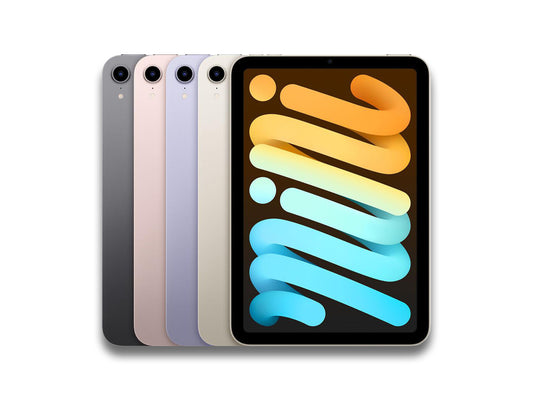 Front and back view of an iPad mini 7th generation showing different colour variants