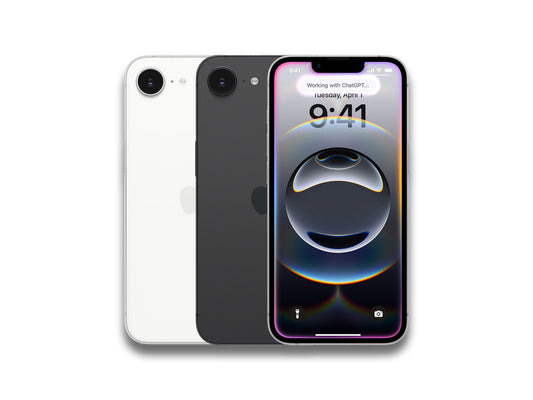 image showing front and back view of the black and white iPhone 16e on the white background
