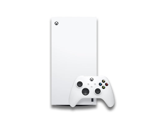 Front view of the Microsoft Xbox series X and a controller