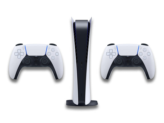 Front view of a PlayStation 5 with two controllers