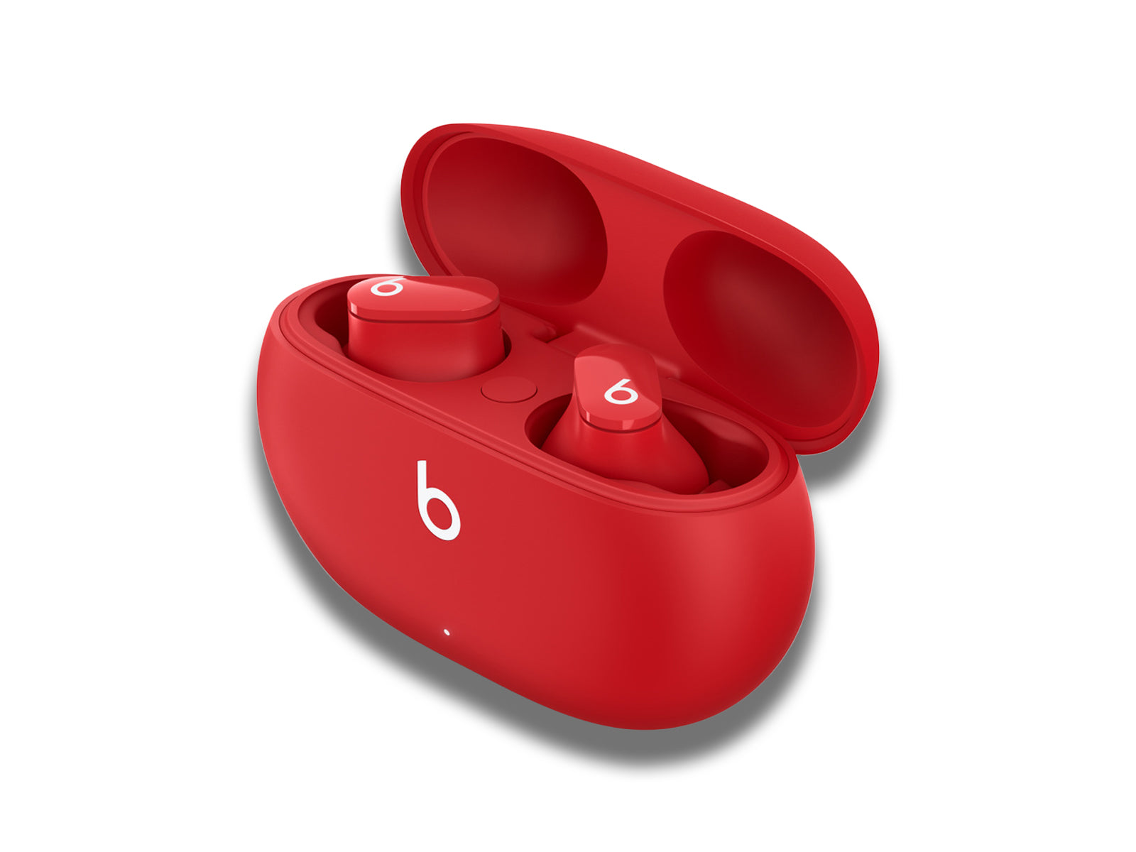 Left-side-view-image-of-the-red-charging-case-with-earphones-inside-on-the-white-background
