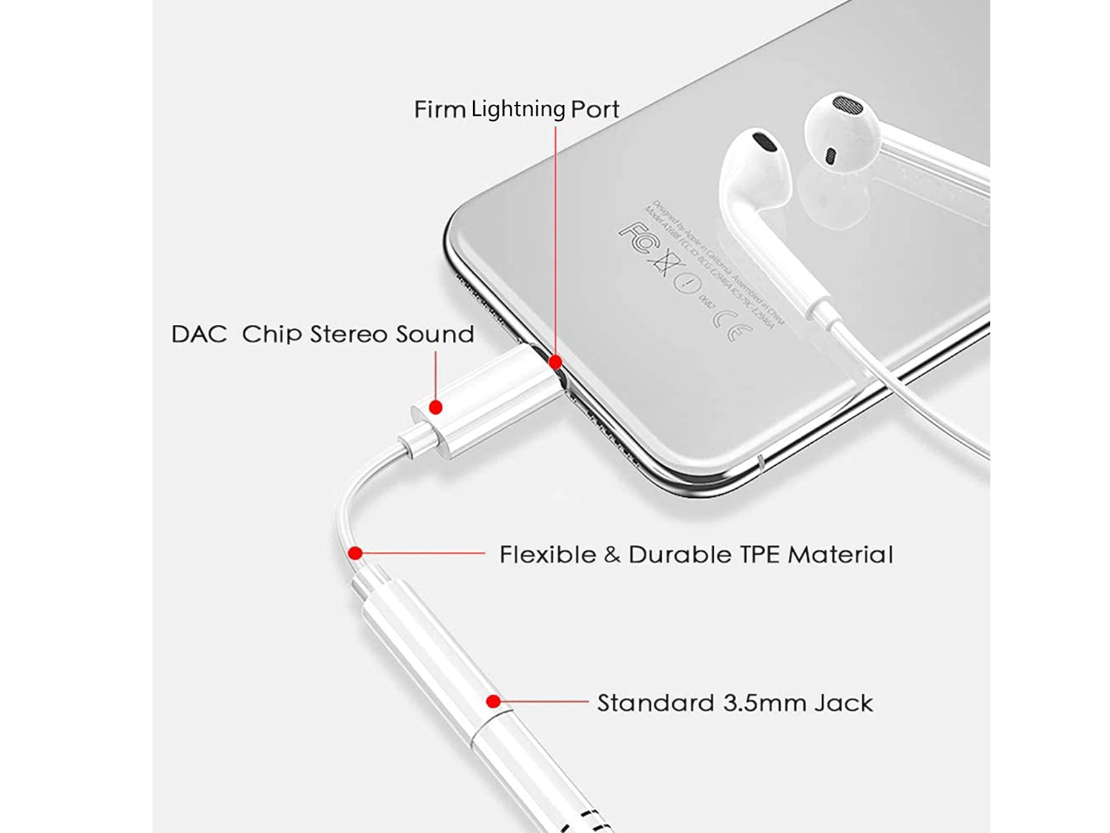 Image shows the Lightning To 3.5mm Headphone Adapter connected to a phone