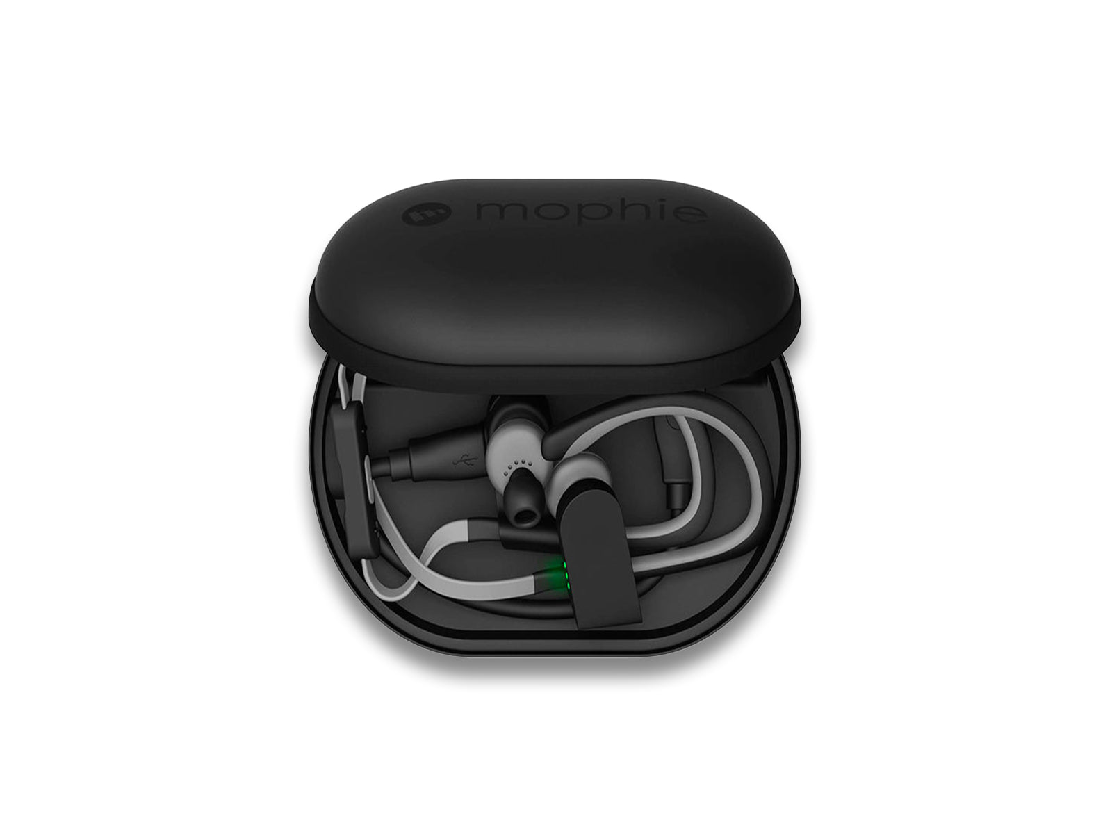 Image shows top view of mophie power capsule with ear buds inside on white background