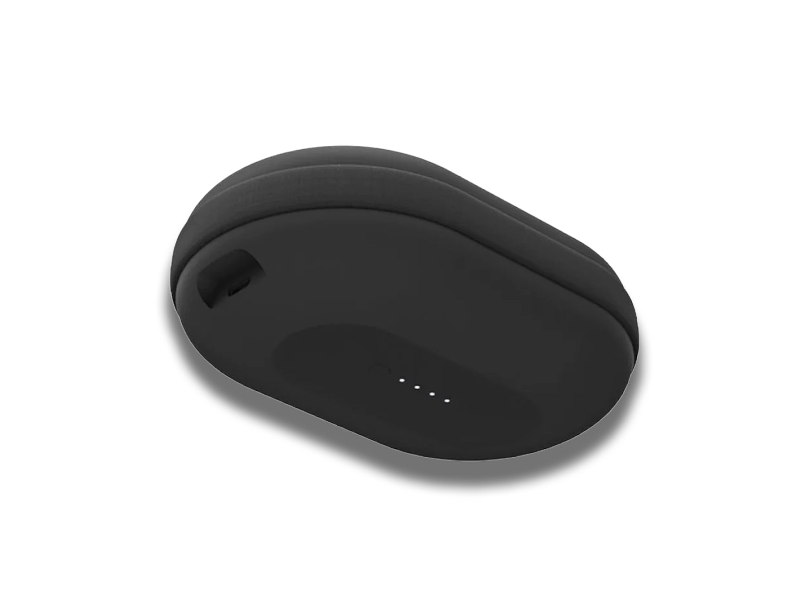 Image shows an angled bottom veiw of the Mophie Portable Power Capsule Charger For Wireless Headphones on a white background