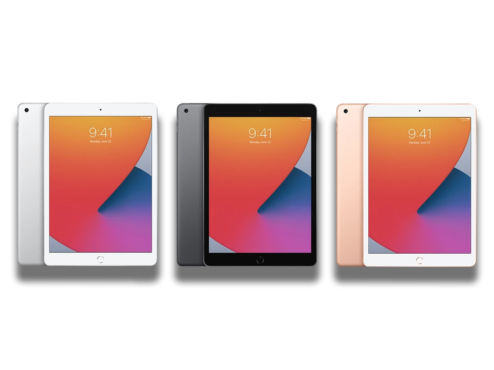 iPad 8th Gen In Colours Silver, Space Grey And Gold Front And Back